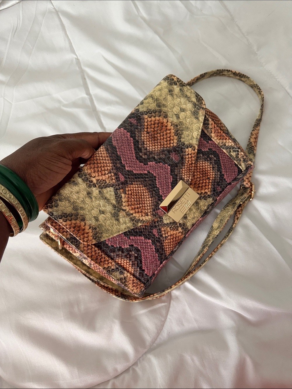 Rosetti Pink Tan Brown Snake-Print Crossbody Bag